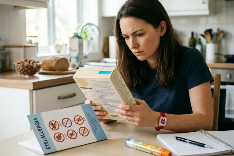 Fiatal nő egy élelmiszer címkéjén az allergéneket ellenőrzi – ételallergia tünetei és megelőzése