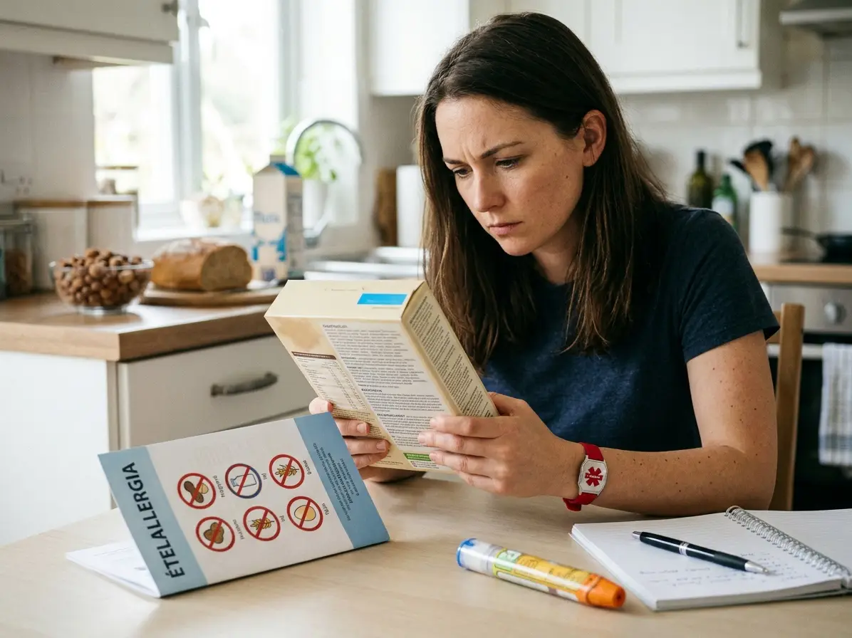 Ételallergia tünetei Fiatal nő egy élelmiszer címkéjén az allergéneket ellenőrzi – ételallergia tünetei és megelőzése